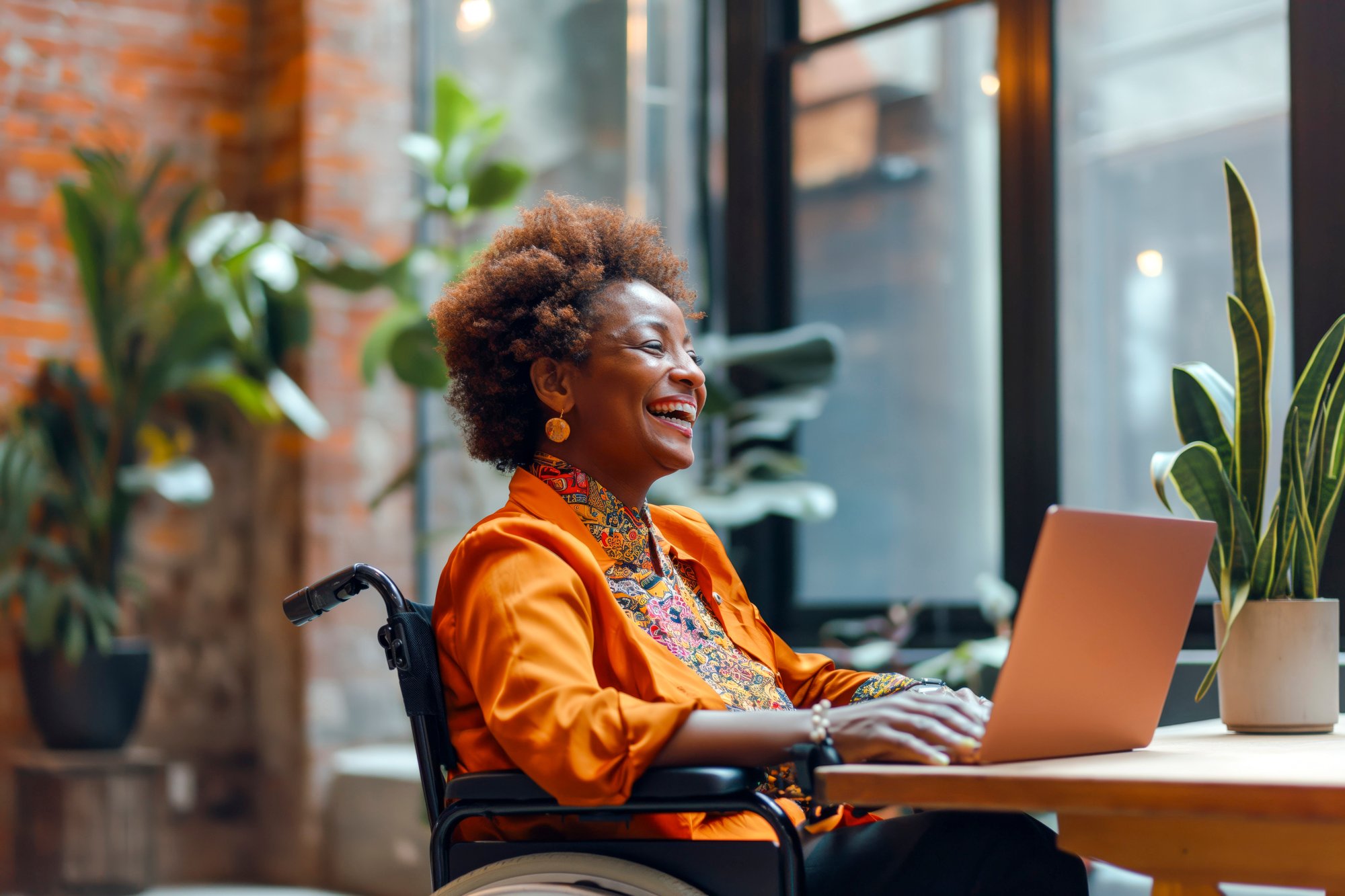 Black woman in wheelchair smiling at a laptop Black woman in wheelchair smiling at a laptop