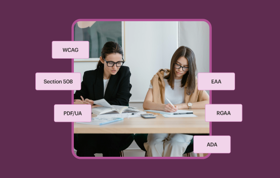 Two colleagues hard at work, surrounded by text bubbles that say Section 508, ADA, WCAG and other accessibility regulations Two colleagues hard at work, surrounded by text bubbles that say Section 508, ADA, WCAG and other accessibility regulations