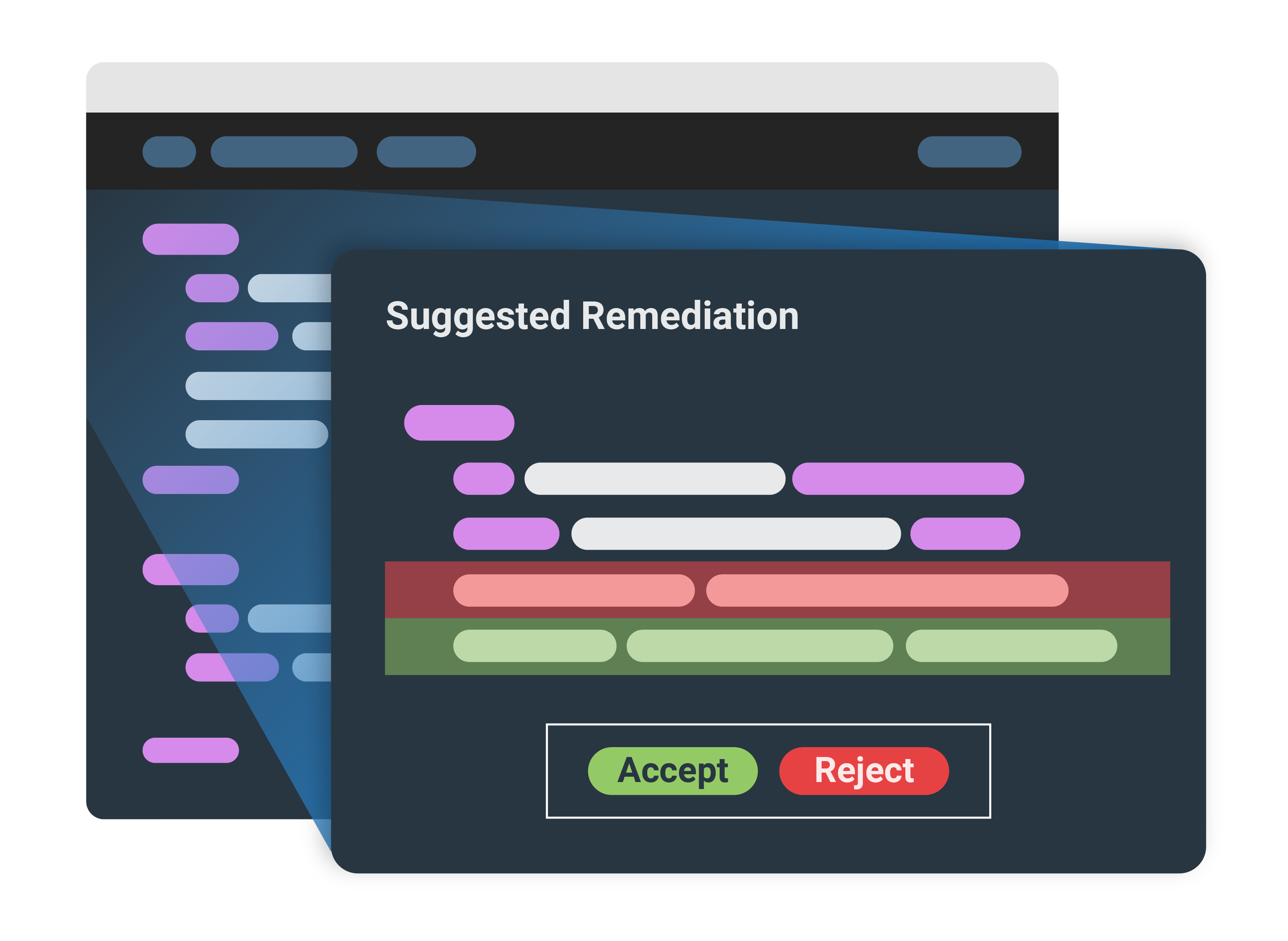 Mockup of code with "suggested remediation" and options to "Accept" or "Reject".