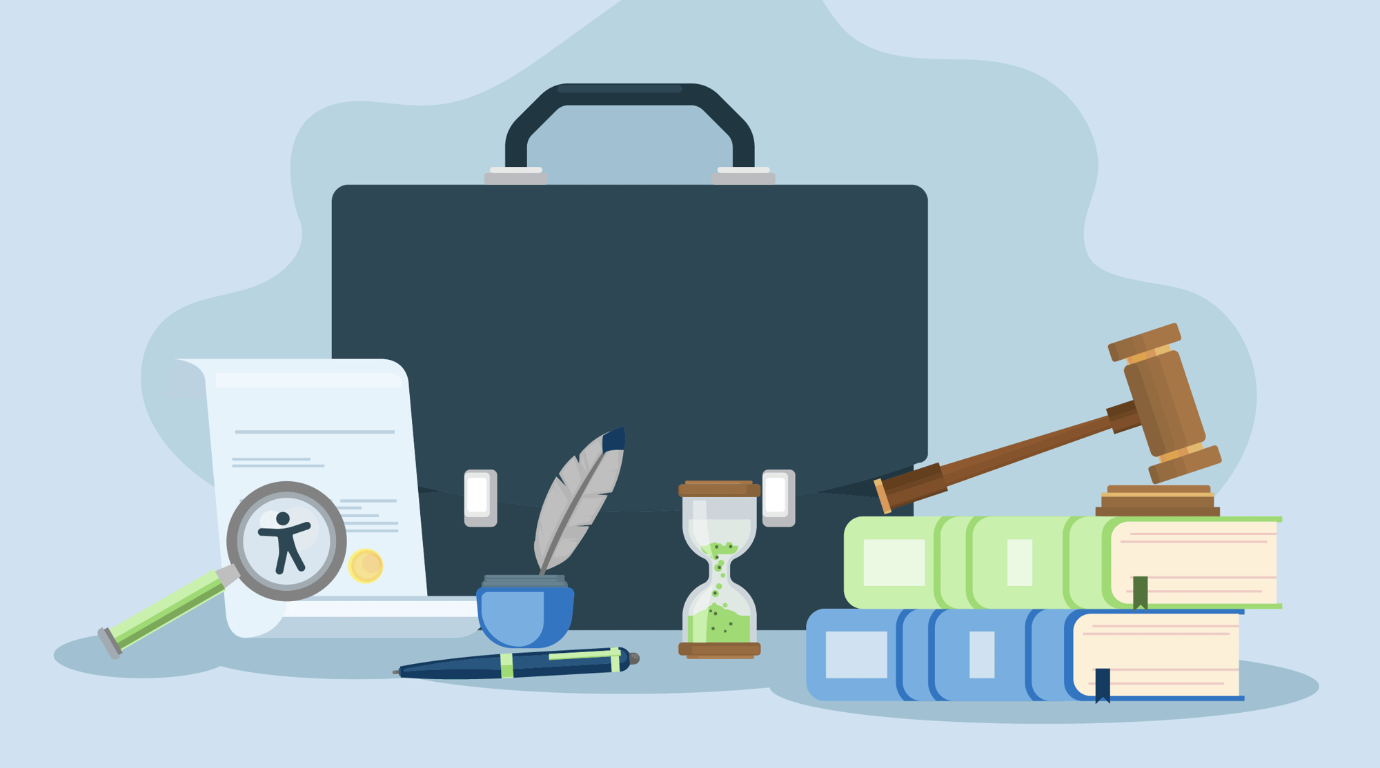 An illustration of a legal gavel, briefcase, books, hourglass and accessibility icon
