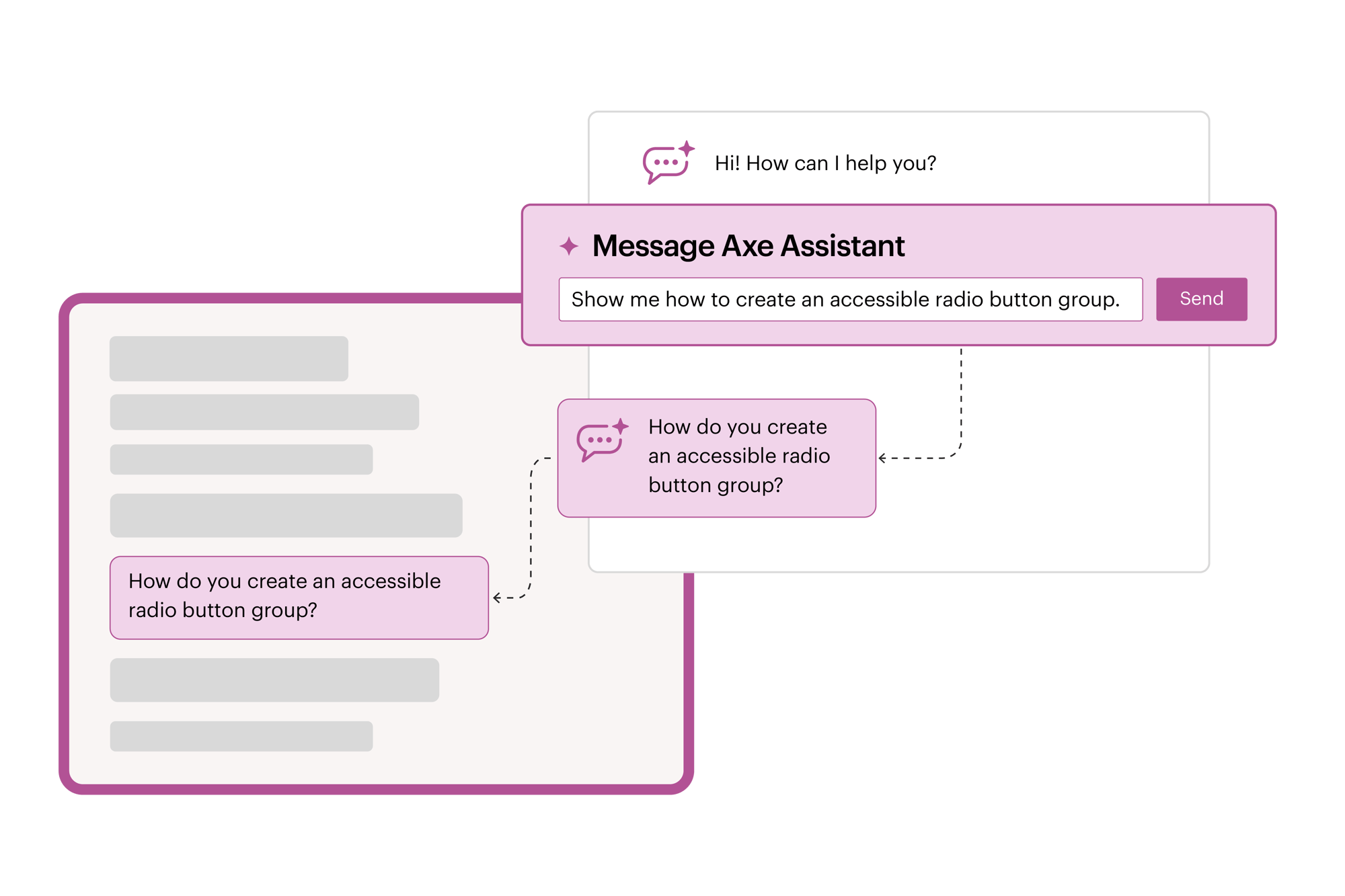 Axe Assistant conversation with no specific environment. Prompt message says show me how to create an accessible radio button group