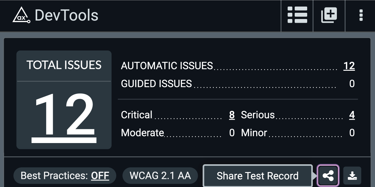 Screenshot of the axe DevTools extension with focus indicator on the new "Share Test Record" feature.