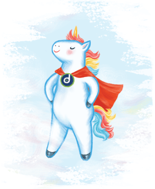 A11y the Accessibility Unicorn floating proudly in the sky.