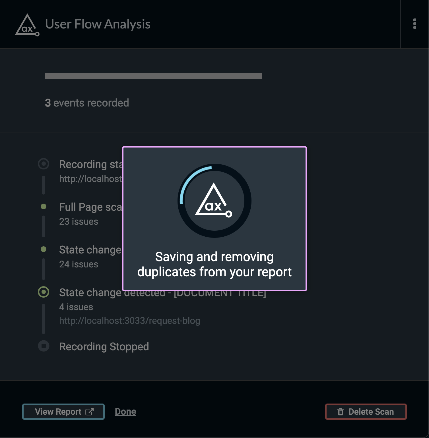 Screenshot of the new User Flow Analysis feature in the axe DevTools Extension saving and removing duplicates from a report.