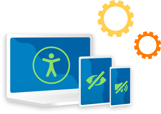 Gear icons above a laptop, tablet and mobile phone with accessibility icons
