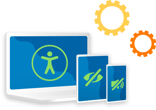 Gear icons above a laptop, tablet and mobile phone with accessibility icons