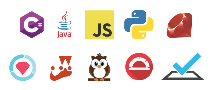 A collection of programming language and testing framework logos. C sharp, Java, JavaScript, Python, Ruby, RSpec, Jest, Nightwatch, Protractor, and TestCafé