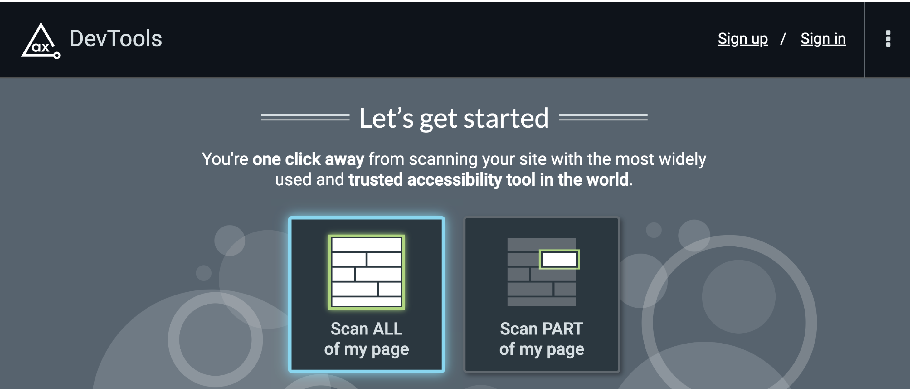 Free axe DevTools browser extension launch screen with "Scan ALL of my page" button highlighted.