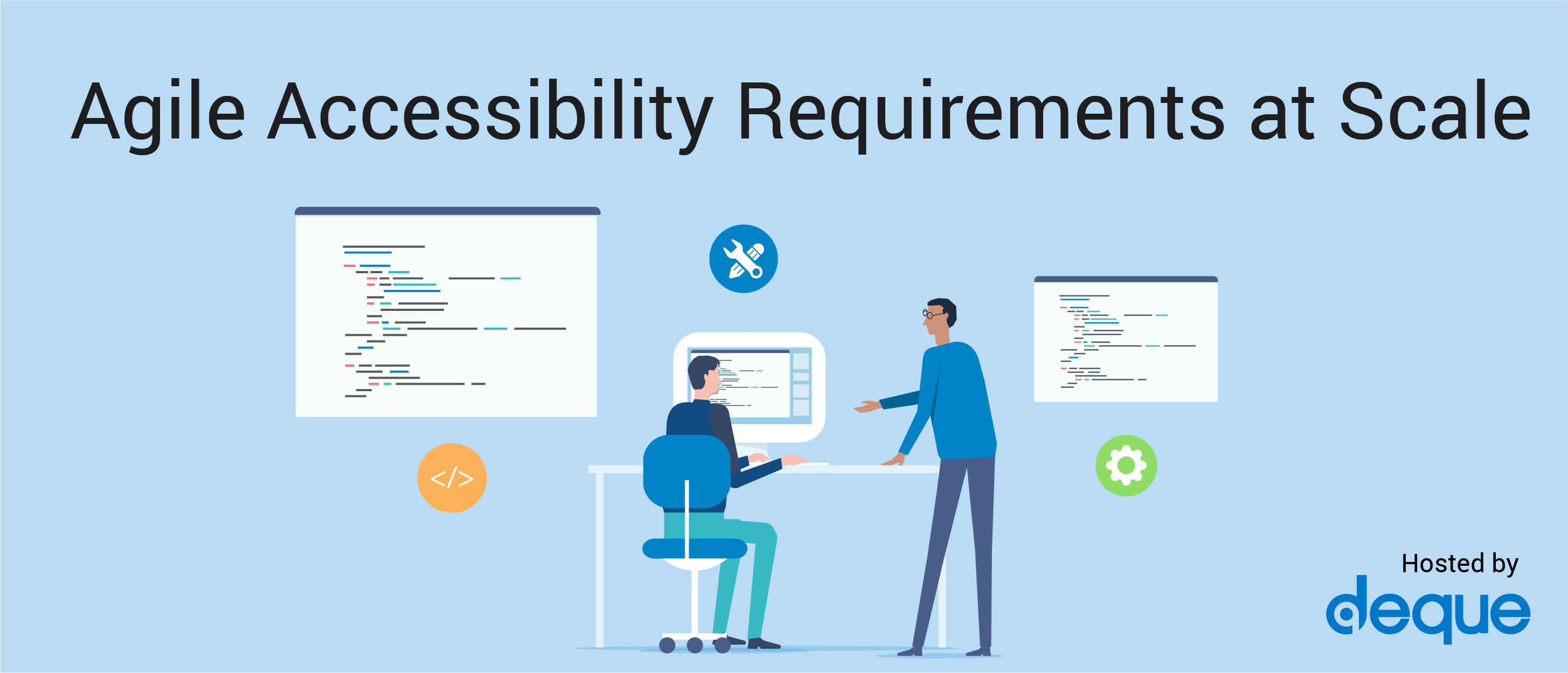 Illustration of two people working at a computer, coding. The words Agile Accessibility Requirements at Scale are featured.