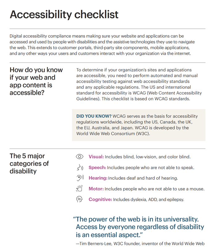 Snapshot of the Accessibility checklist