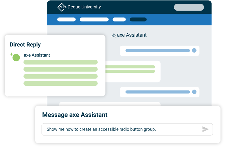 Illustration of the axe Assistant AI digital accessibility chatbot on Deque Unviersity. Illustration of the axe Assistant AI digital accessibility chatbot on Deque Unviersity.
