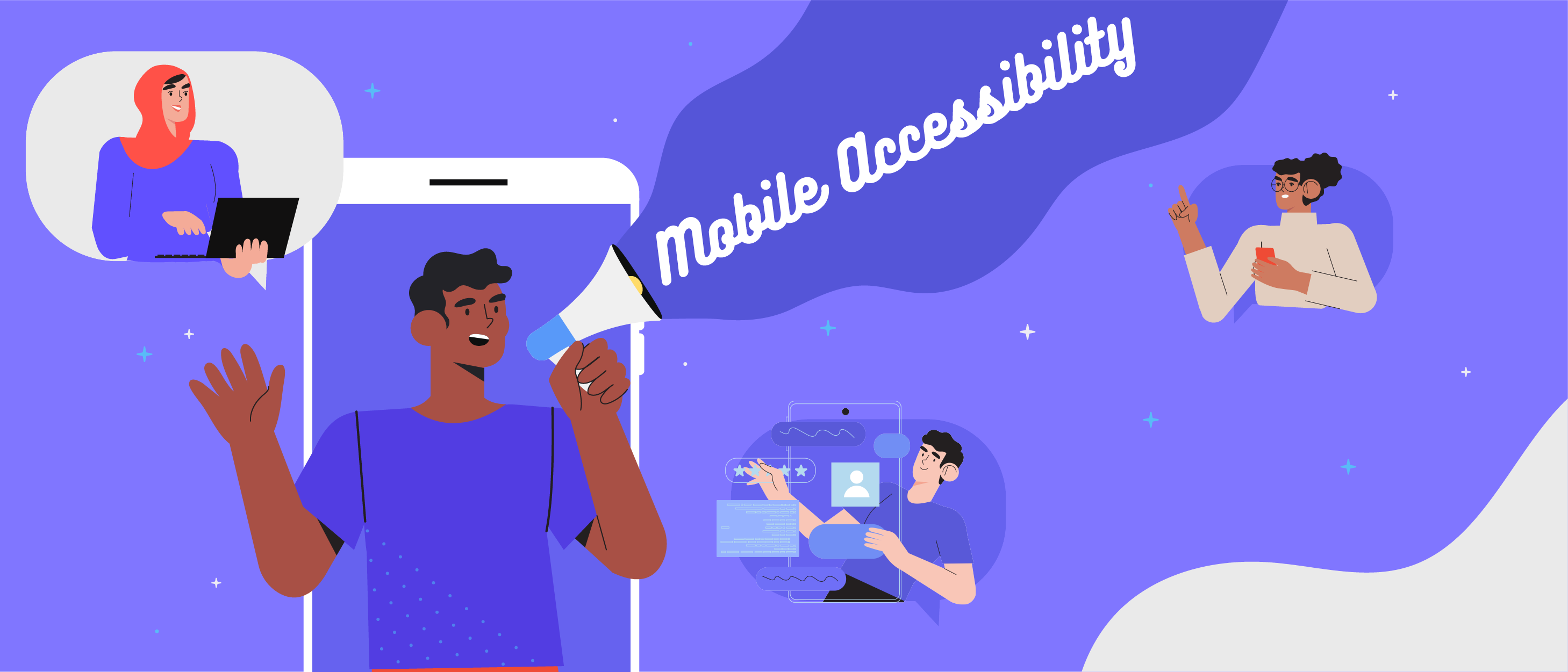 Decorative banner: person in mobile phone with a megaphone saying mobile accessibility with other mobile developers around him.